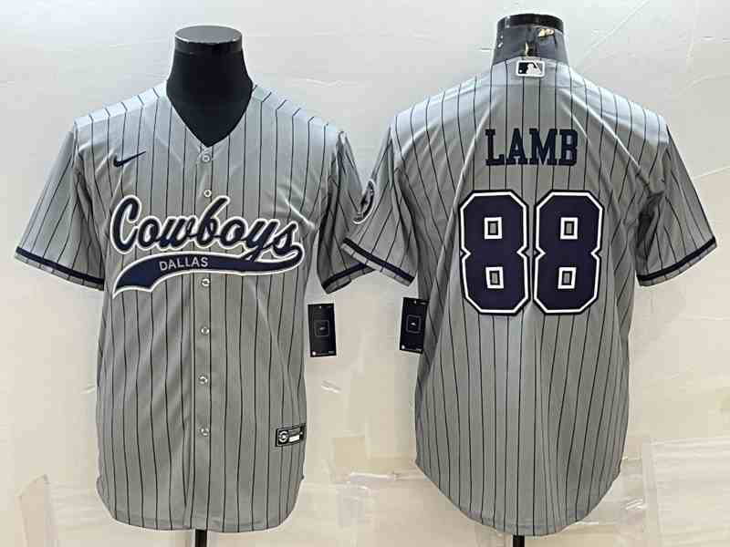Men's Dallas Cowboys #88 CeeDee Lamb Grey Stripe With Patch Cool Base Stitched Baseball Jersey