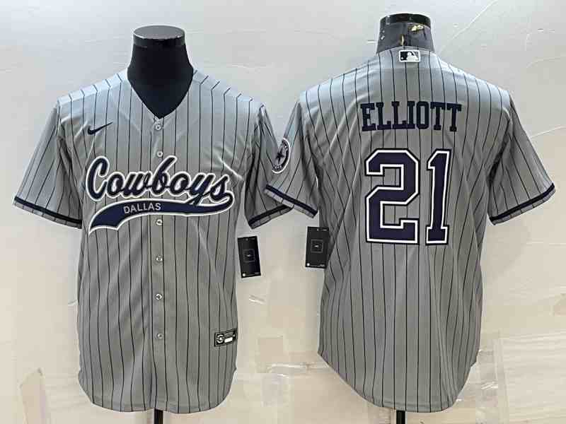 Men's Dallas Cowboys #21 Ezekiel Elliott Grey Stripe With Patch Cool Base Stitched Baseball Jersey