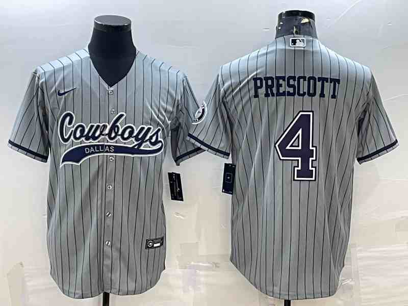 Men's Dallas Cowboys #4 Dak Prescott Gray stripe With Patch Cool Base Stitched Baseball Jersey
