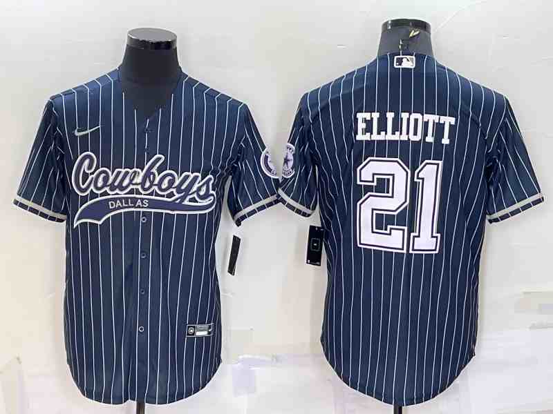Men's Dallas Cowboys #21 Ezekiel Elliott Navy Blue Pinstripe With Patch Cool Base Stitched Baseball Jersey