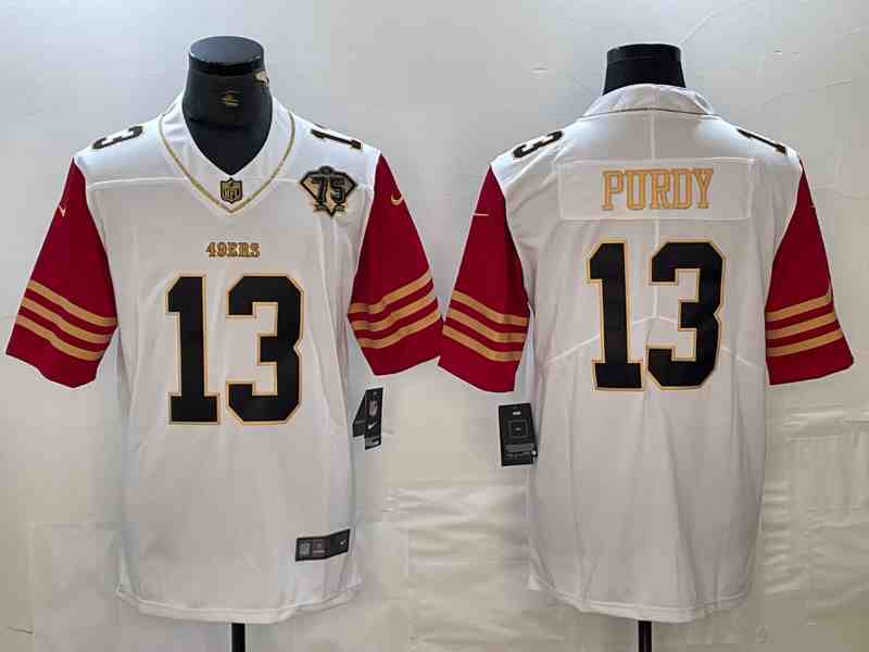 Men's San Francisco 49ers #13 Brock Purdy WhiteRed With 75th Anniversary Patch Stitched Jersey