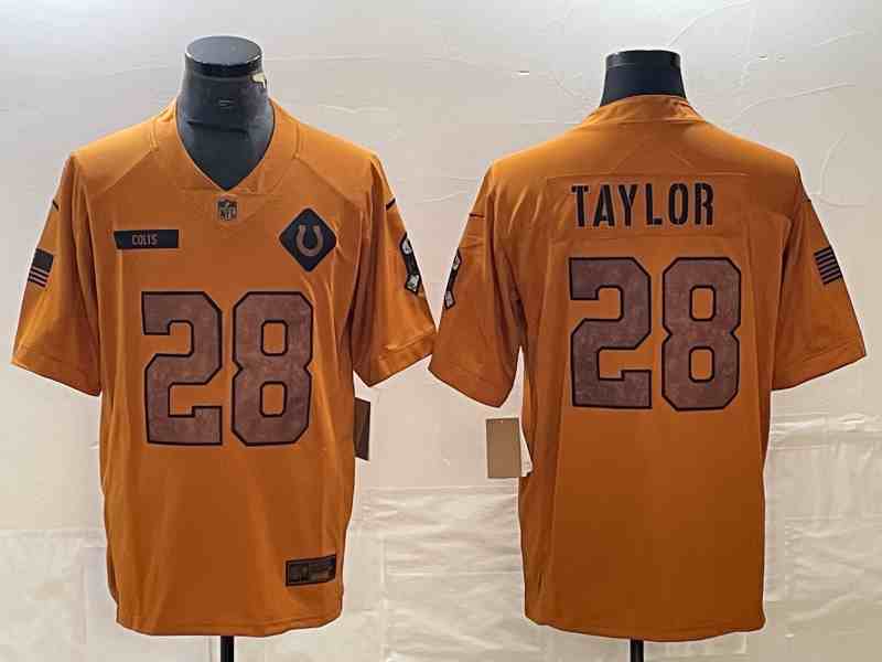 Men's Indianapolis Colts #28 Jonathan Taylor 2023 Brown Salute To Sertvice Limited Football Stitched Jersey