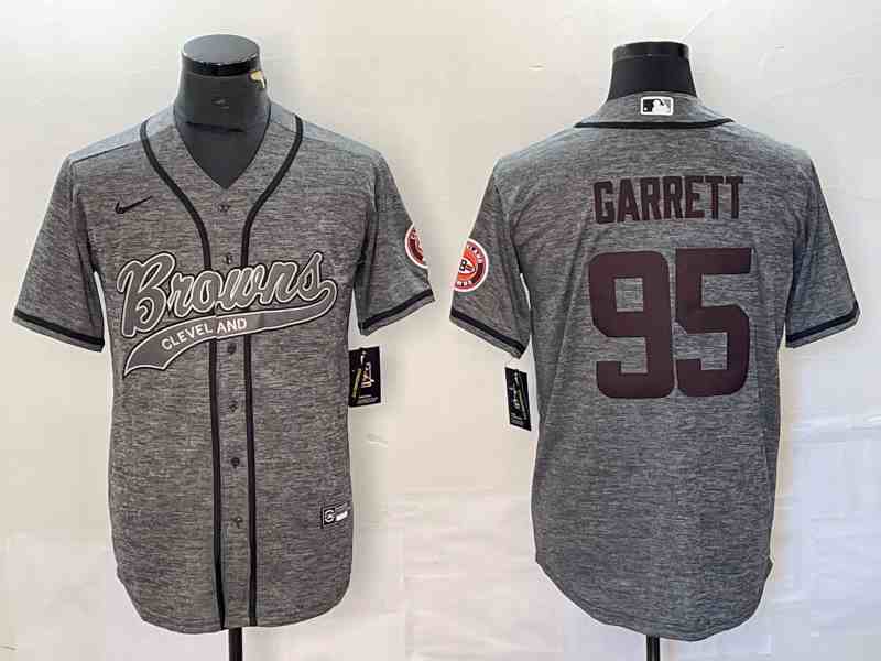 Men's Cleveland Browns #95 Myles Garrett Gray With Patch Cool Base Stitched Baseball Jersey