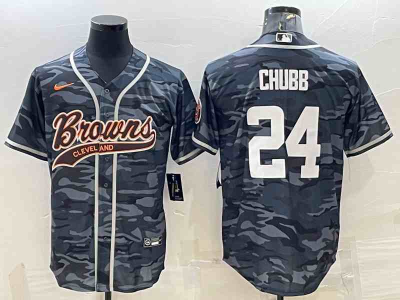 Men's Cleveland Browns #24 Nick Chubb Grey Camo With Patch Cool Base Stitched Baseball Jersey (2)