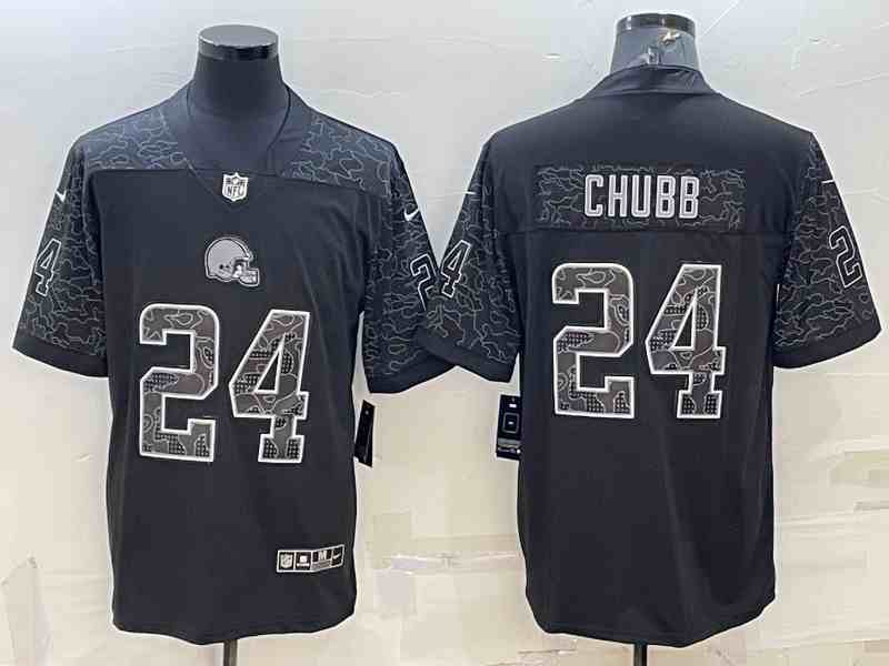 Men's Cleveland Browns #24 Nick Chubb Black Reflective With Patch Cool Base Stitched Baseball Jersey (2)