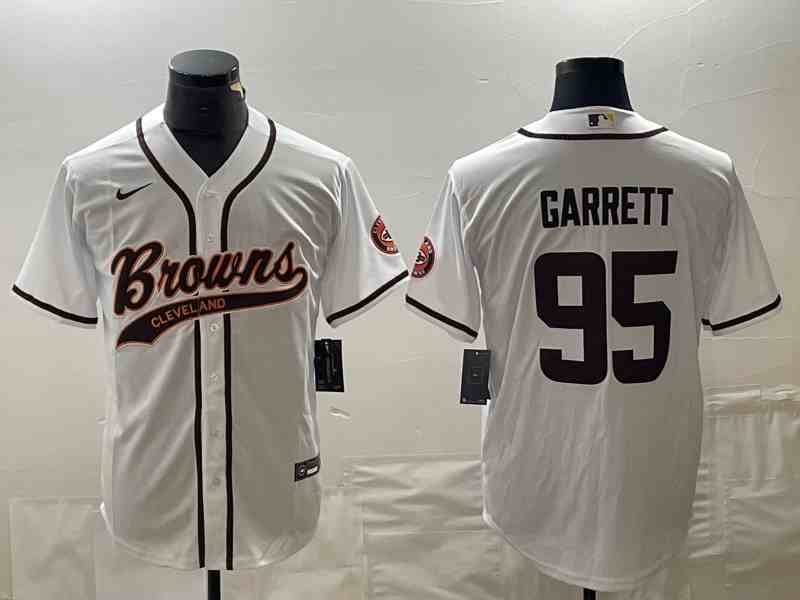 Men's Cleveland Browns #95 Myles Garrett White With Patch Cool Base Stitched Baseball Jersey