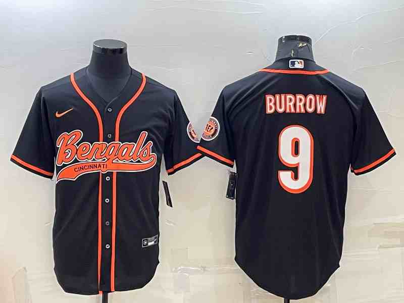 Men's Cincinnati Bengals #9 Joe Burrow Black With Patch Cool Base Stitched Baseball Jersey