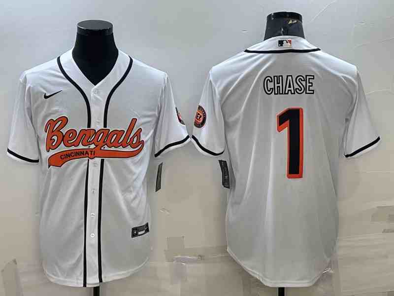 Men's Cincinnati Bengals #1 JaMarr Chase White With Patch Cool Base Stitched Baseball Jersey