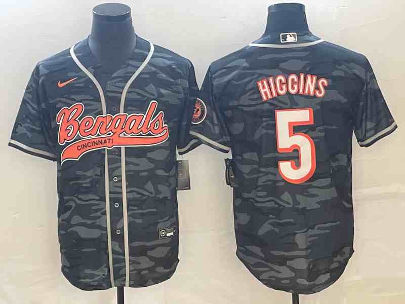 Men's Cincinnati Bengals #5 Tee Higgins Gray Camo With Patch Cool Base Stitched Baseball Jersey