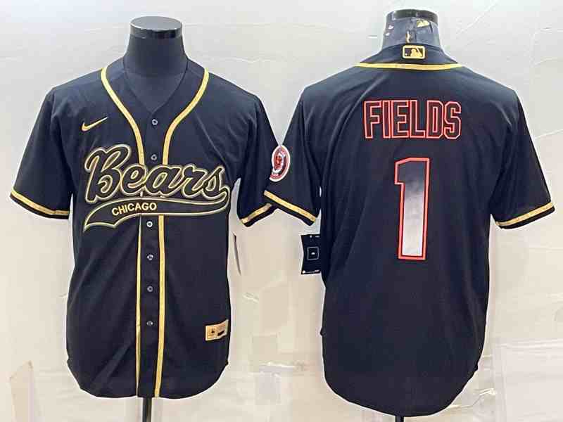 Men's Chicago Bears #1 Justin Fields Black Gold With Patch Smoke Cool Base Stitched Baseball Jersey