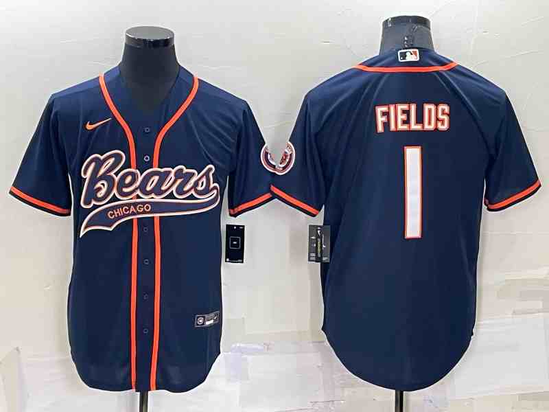 Men's Chicago Bears #1 Justin Fields Navy Blue Stitched MLB Cool Base Nike Baseball Jersey