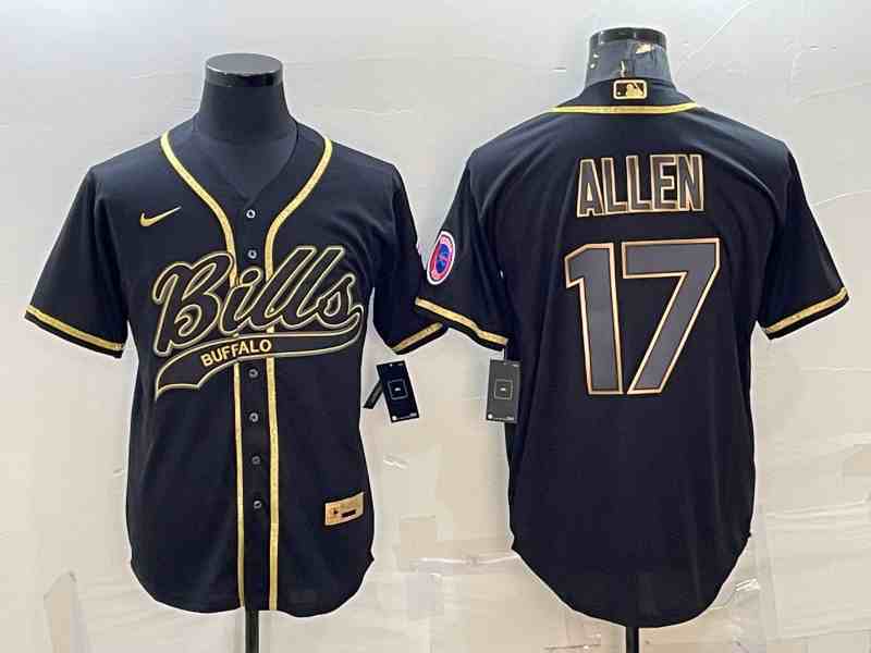 Men's Buffalo Bills #17 Josh Allen Black Gold With Patch Cool Base Stitched Baseball Jersey