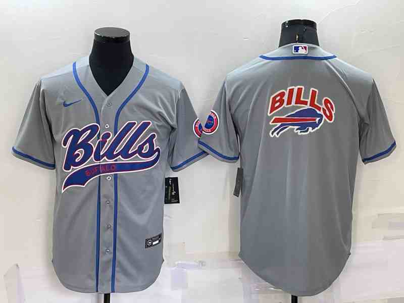 Men's Buffalo Bills Grey Team Big Logo With Patch Cool Base Stitched Baseball Jersey (2)