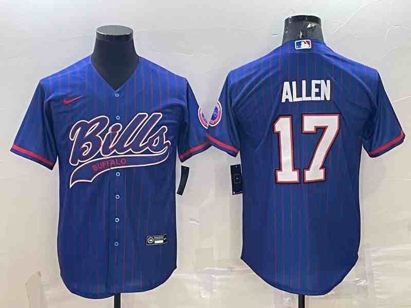 Men's Buffalo Bills #17 Josh Allen Royal Stripe With Patch Cool Base Stitched Baseball Jersey
