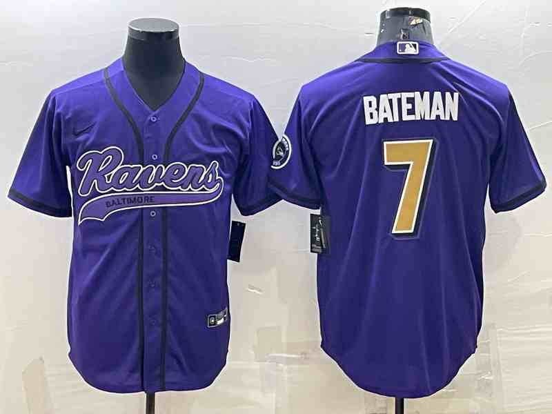 Men's Baltimore Ravens #7 Rashod Bateman Purple Gold With Patch Cool Base Stitched Baseball Jersey