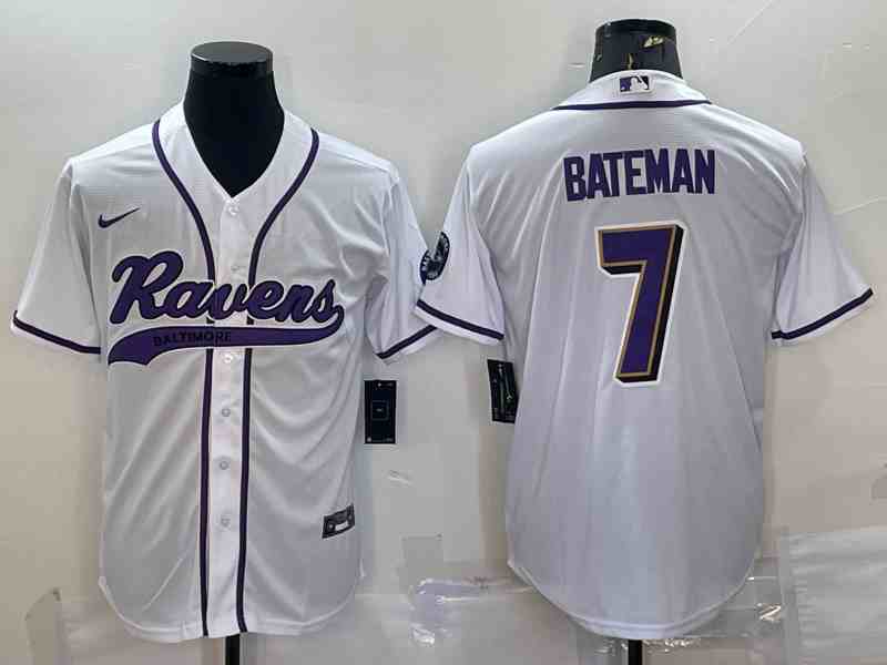Men's Baltimore Ravens #7 Rashod Bateman White With Patch Cool Base Stitched Baseball Jersey
