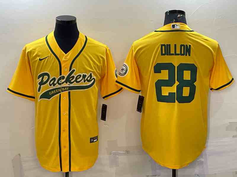 Men's Green Bay Packers #28 AJ Dillon Yellow With Patch Cool Base Stitched Baseball Jersey