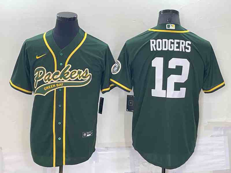 Men's Green Bay Packers #12 Aaron Rodgers Green With Patch Cool Base Stitched Baseball Jersey
