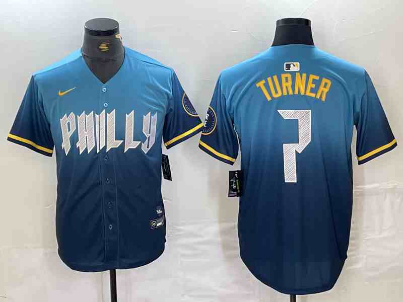 Men's Philadelphia Phillies #7 Trea Turner Blue 2024 City Connect Limited Stitched Jersey