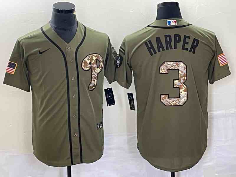 Men's Philadelphia Phillies #3 Bryce Harper Green Salute to Service Cool Base Stitched  Jersey