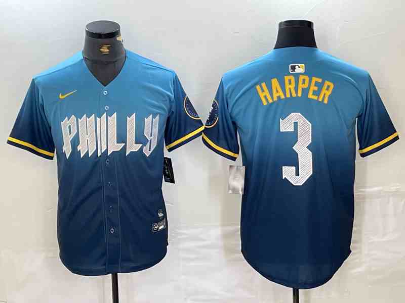 Men's Philadelphia Phillies #3 Bryce Harper Blue 2024 City Connect Limited Stitched Jersey