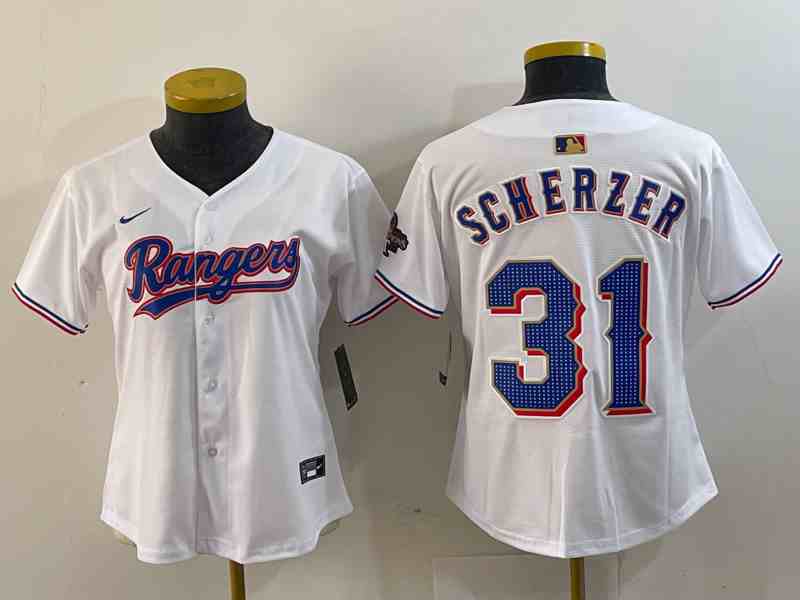 Youth   Texas Rangers #31 Max Scherzer White 2023 World Series Champions Cool Base Jersey