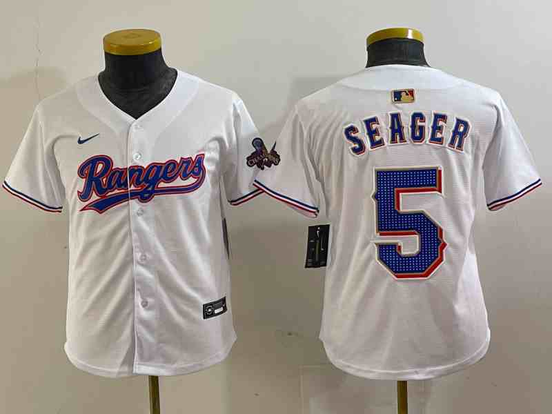 Youth  Texas Rangers #5 Corey Seager White 2023 World Series Champions Cool Base Jersey