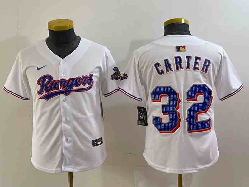 Youth  Texas Rangers #32 Evan Carter White 2023 World Series Champions Cool Base Jersey