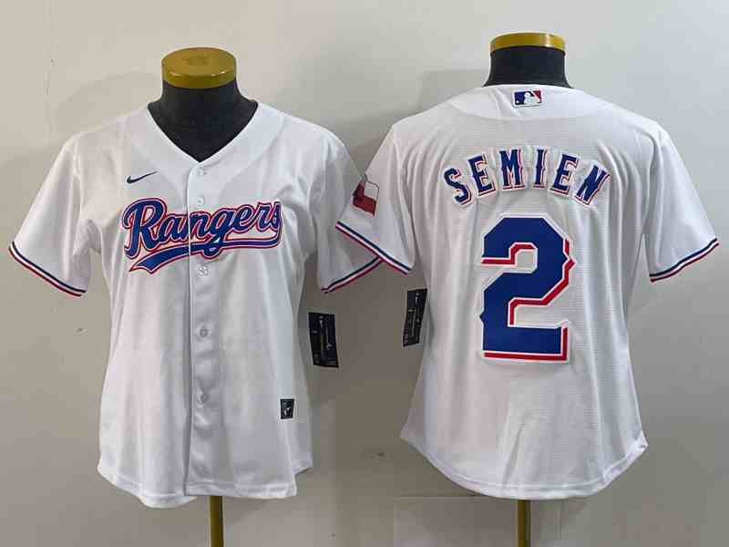 Youth   Texas Rangers #2 Marcus Semien White 2023 World Series Champions Cool Base Jersey