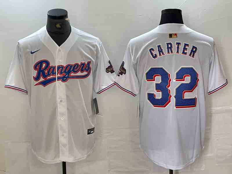 Men's Texas Rangers #32 Evan Carter White 2023 World Series Champions Cool Base Jersey