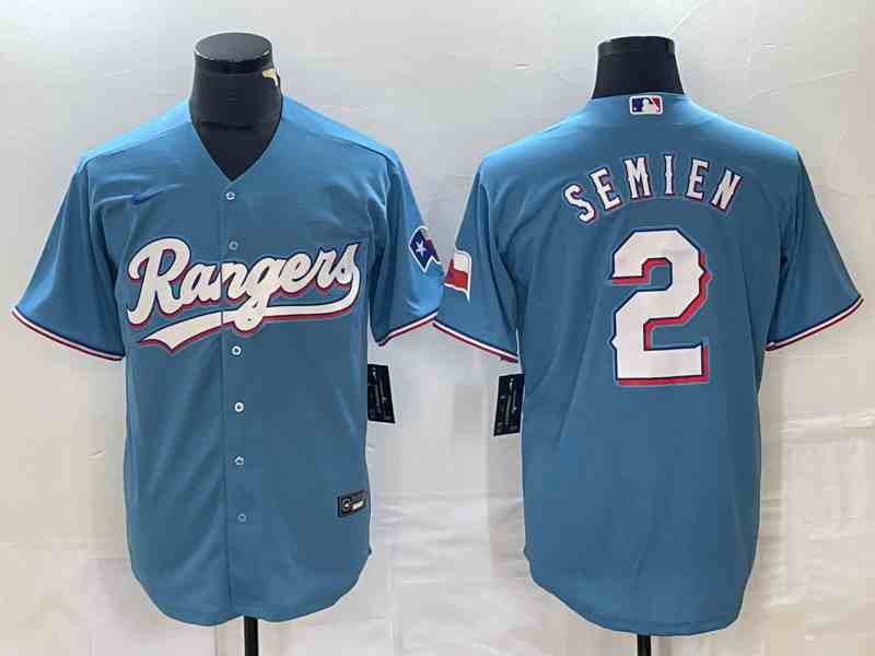 Men's Texas Rangers #2 Marcus Semien Blue With Patch Cool Base Stitched Baseball Jersey(PNG)