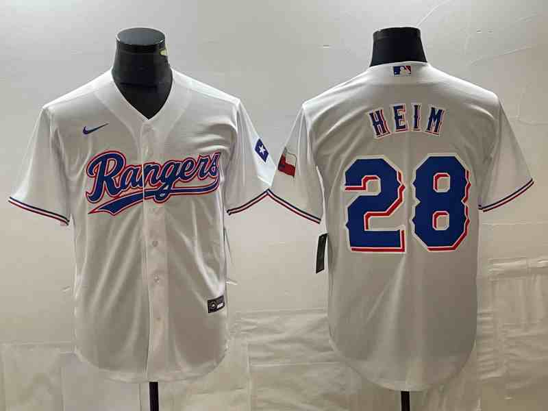 Men's Texas Rangers #28 Jonah Heim White With Patch Cool Base Stitched Baseball Jersey