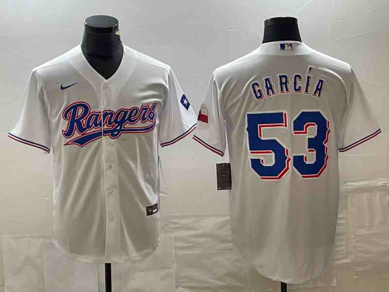 Men's Texas Rangers #53 Adolis Garcia White Cool Base Stitched Baseball Jersey