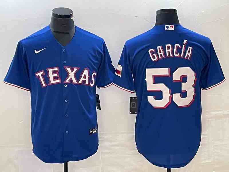 Men's Texas Rangers #53 Adolis Garcia Royal With Patch Cool Base Stitched Jersey