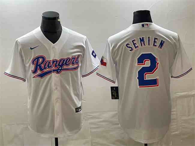 Men's Texas Rangers #2 Marcus Semien White With Patch Cool Base Stitched Baseball Jersey