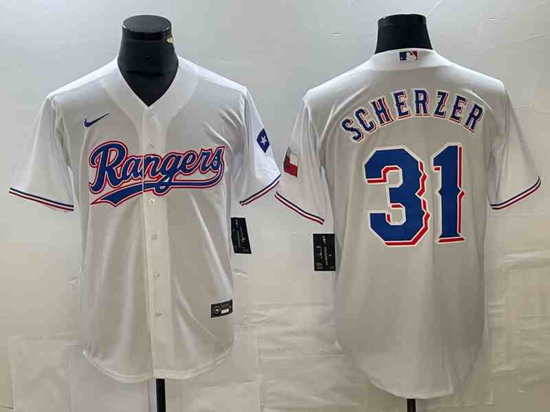 Men's Texas Rangers #31 Max Scherzer White With Patch Cool Base Stitched Baseball Jersey