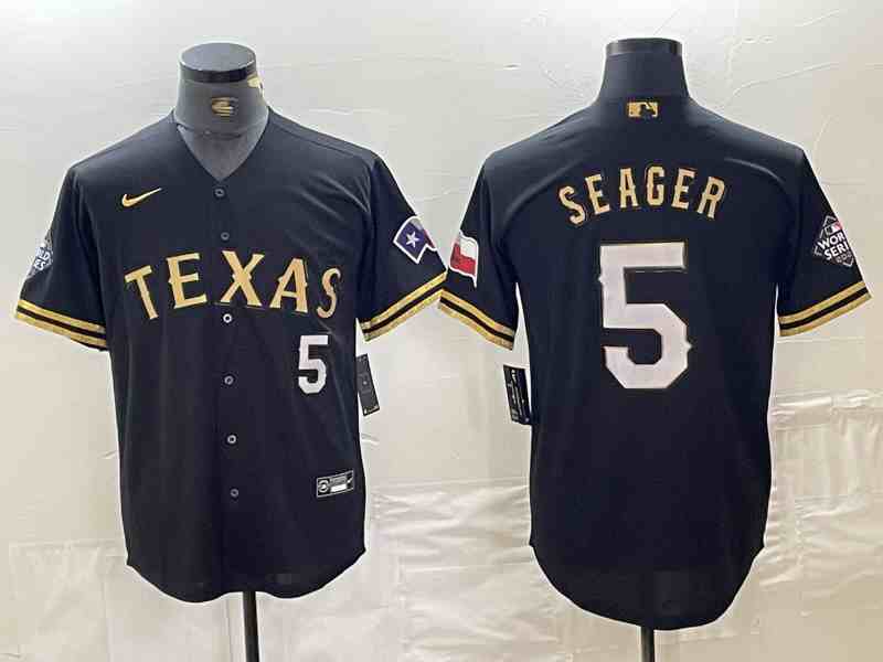 Men's Texas Rangers #5 Corey Seager Black Gold Cool Base Stitched Baseball Jersey