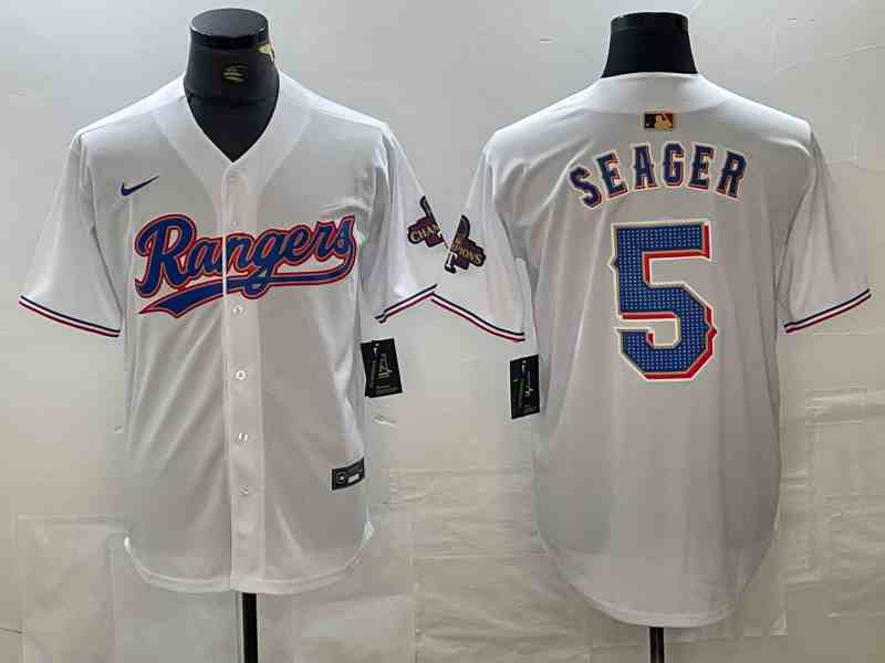 Men's Texas Rangers #5 Corey Seager White 2023 World Series Champions Cool Base Jersey