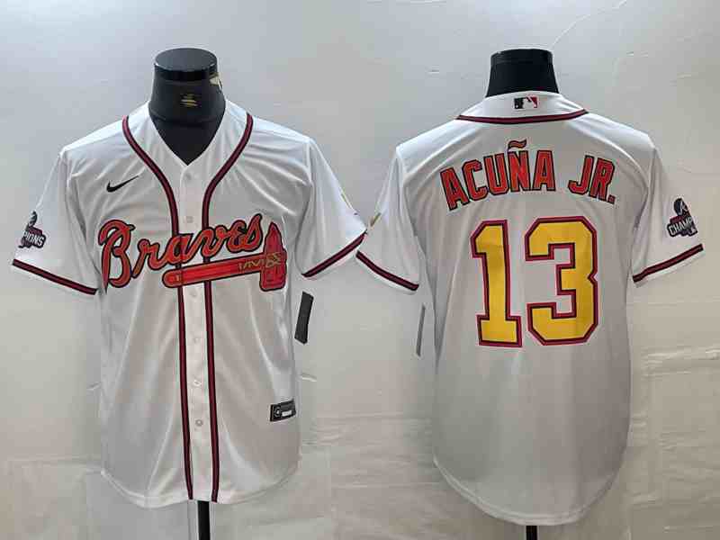 Men's Atlanta Braves #13 Ronald Acu?a Jr. White Gold World Series Champions Cool Base Stitched Baseball Jersey