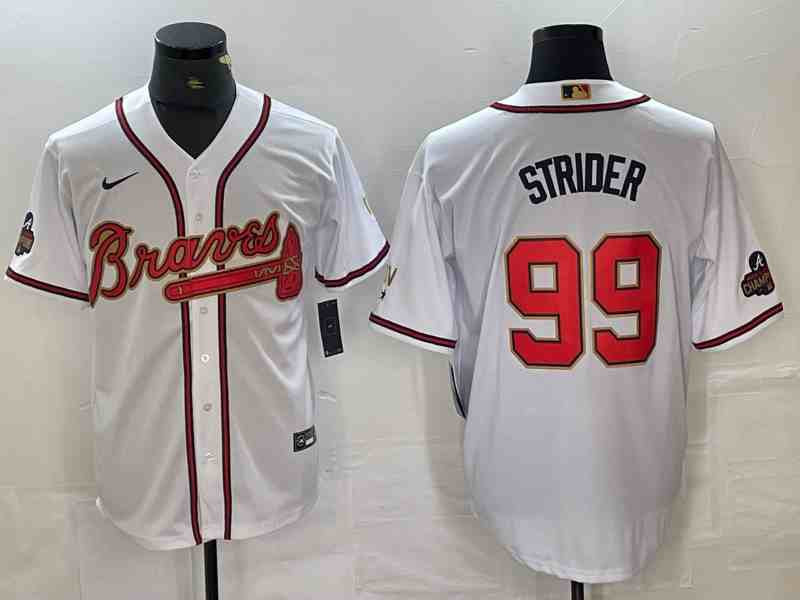 Men's Atlanta Braves #99 Spencer Strider WhiteGold World Series Champions Cool Base Stitched Baseball Jersey