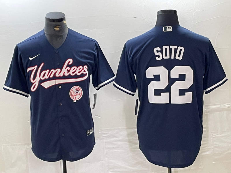 Men's New York Yankees #22 Juan Soto Navy With Patch Cool Base Stitched Baseball Jersey