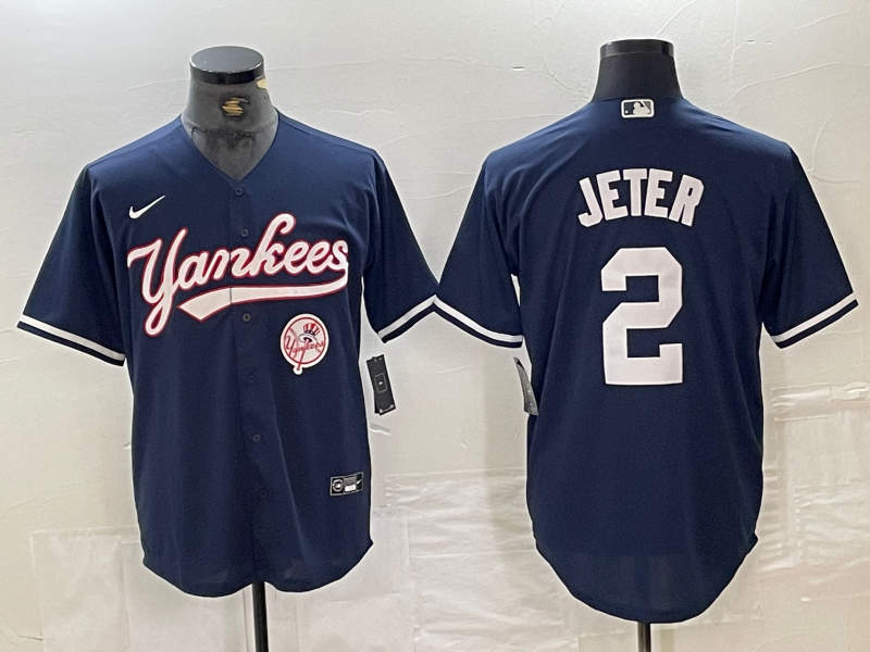 Men's New York Yankees #2 Derek Jeter Navy With Patch Cool Base Stitched Baseball Jersey