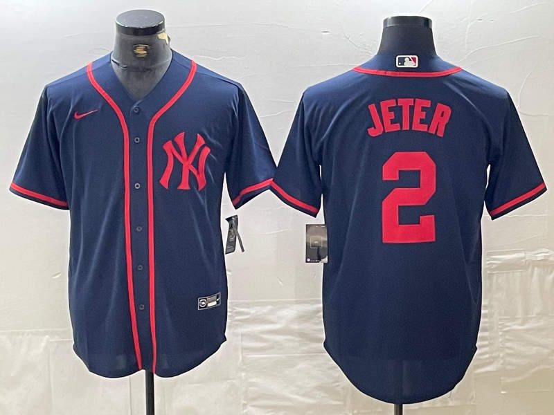 Men's New York Yankees #2 Derek Jeter Navy Red Fashion Cool Base Jersey