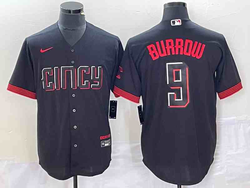 Men's Cincinnati Reds #9 Joe Burrow Black 2023 City Connect Cool Base Stitched Baseball Jersey
