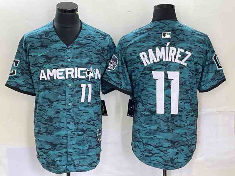 Men's Cleveland Indians #11 Jose Ramirez Number Teal 2023 All Star Cool Base Stitched Jersey