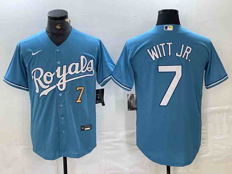 Men's Kansas City Royals #7 Bobby Witt Jr Number Light Blue Cool Base Stitched Jersey