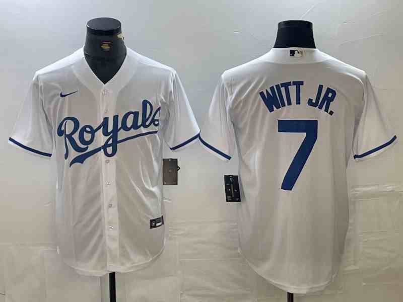 Mens Kansas City Royals #7 Bobby Witt Jr Number White Cool Base Stitched MLB Jersey