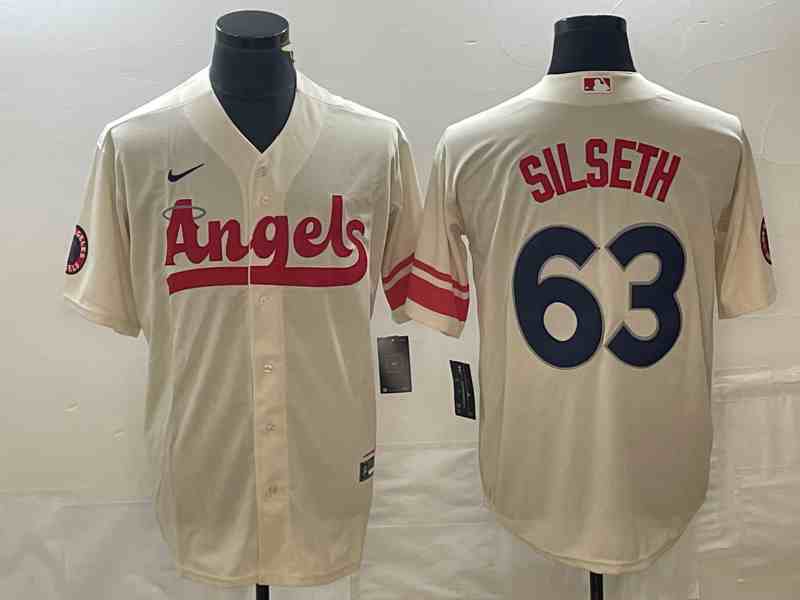 Men's Los Angeles Angels #63 Chase Silseth Cream City Connect Cool Base Stitched Jersey