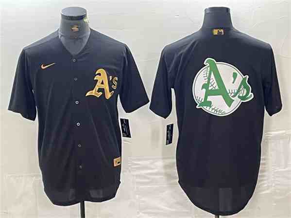 Mens Oakland Athletics Black Gold Team Big Logo Cool Base Stitched Baseball Jersey