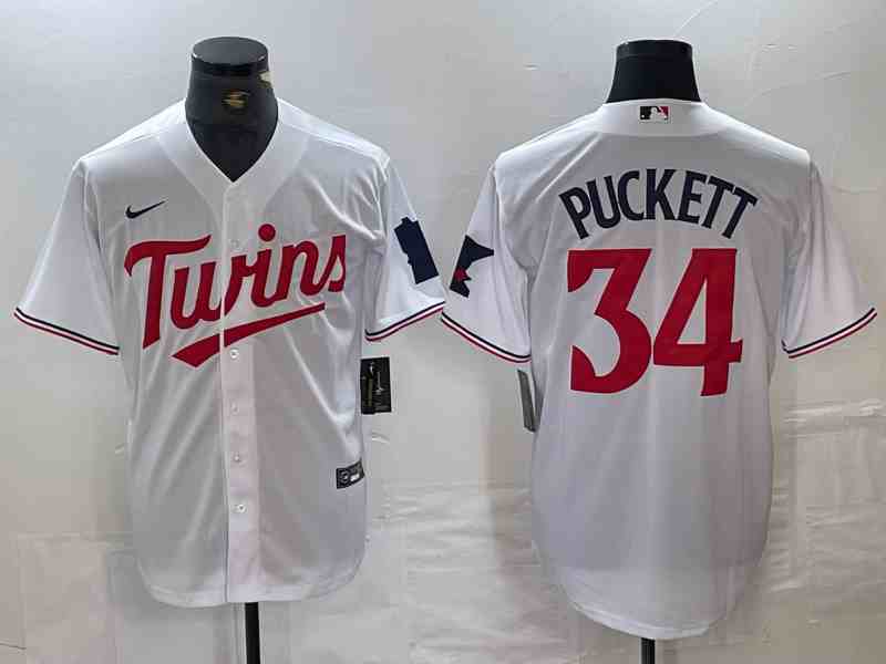 Men's Minnesota Twins #34 Kirby Puckett White Red Stitched MLB Cool Base Nike Jersey